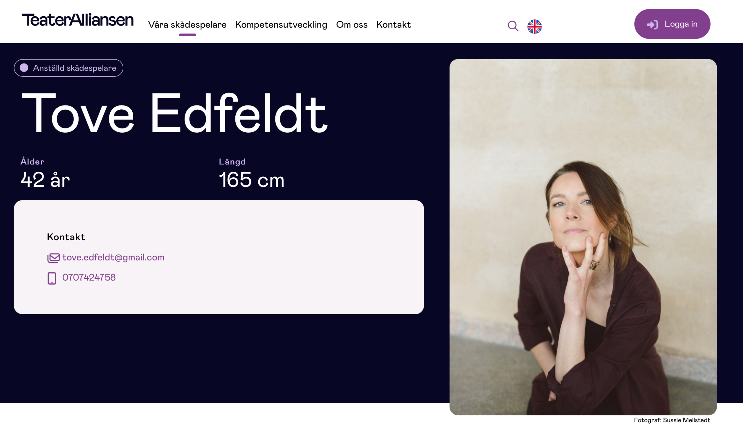 Tove Edfeldt i professionellt skådespelarporträtt. Foto: Sussie Mellstedt.